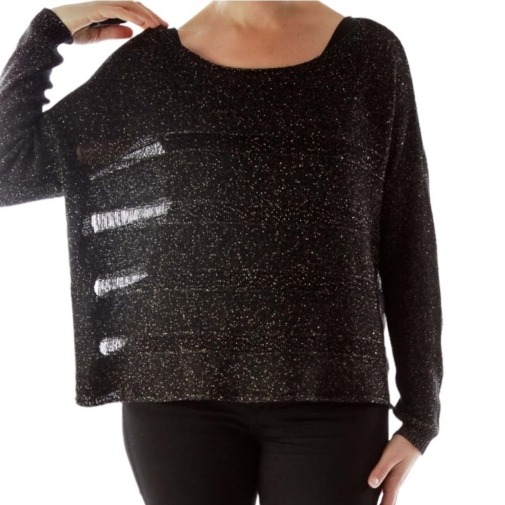 Rock & Republic Black Metallic Distressed Knit Cut out Sweater Size Womens L/XL